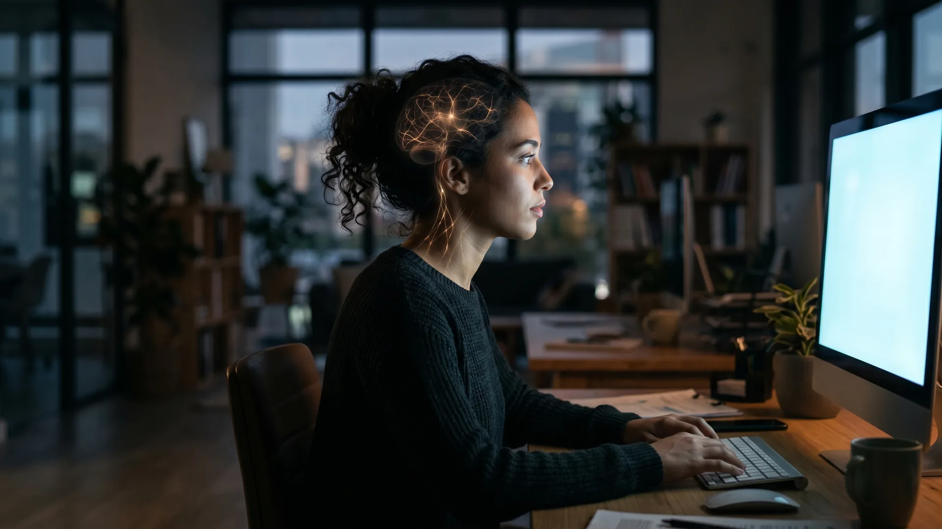 A knowledge worker at a glowing screen in a dim office, a delicate network of light in their head thinning and dimming