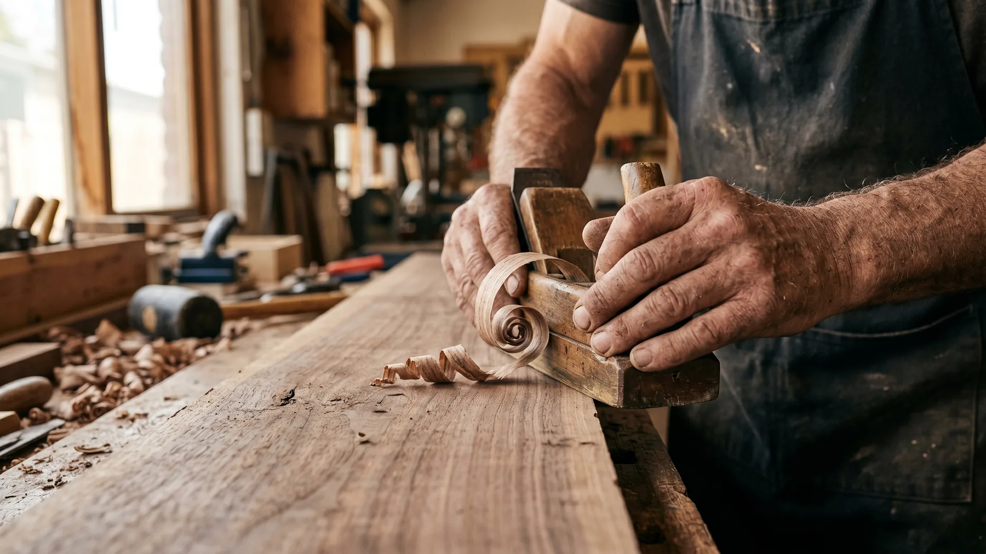 A woodworker's weathered hands guiding a hand plane along a length of timber, a single shaving curling up in soft workshop light.