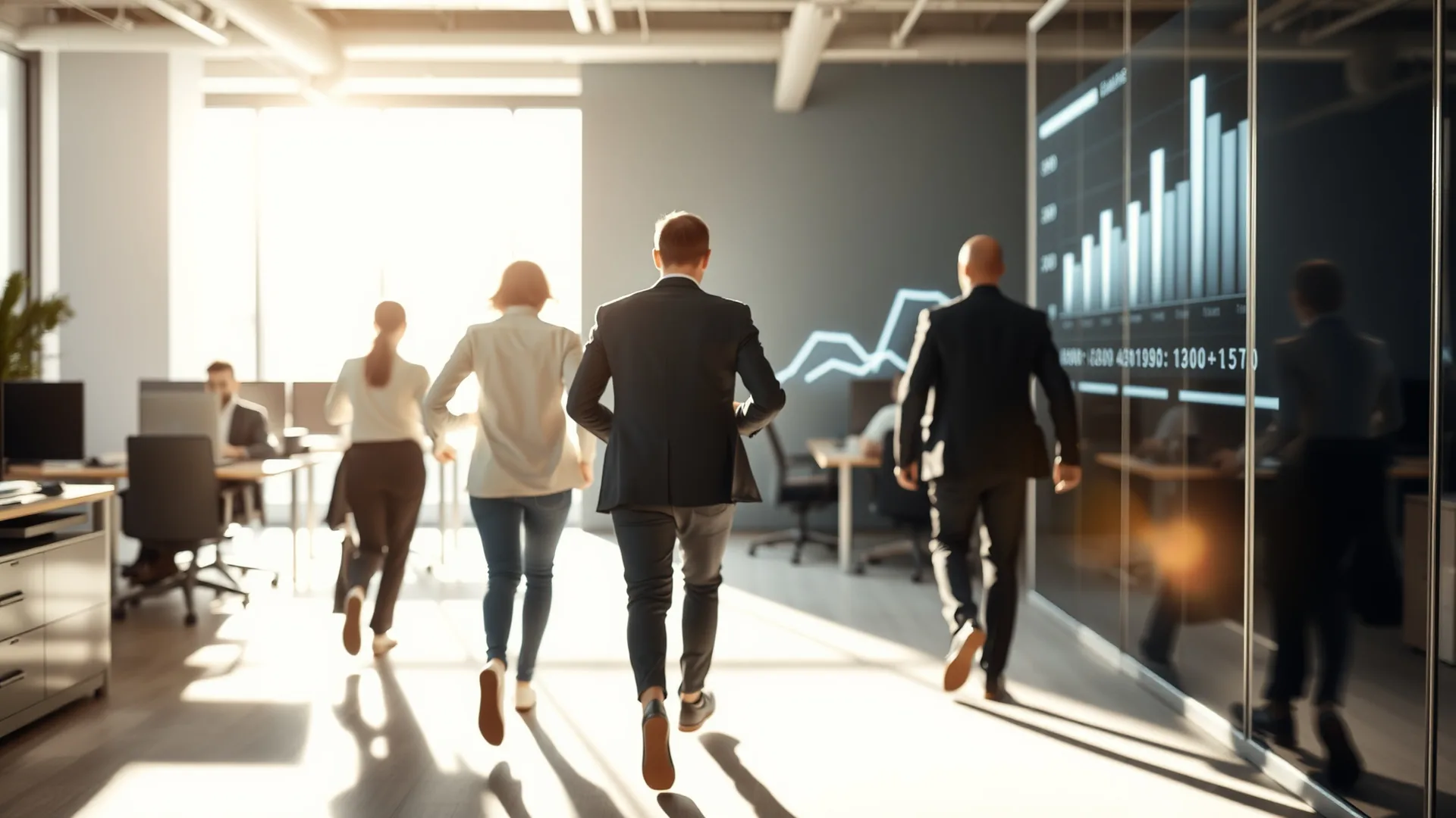 Two office figures racing ahead of a group while a manager studies a chart that cannot see them.