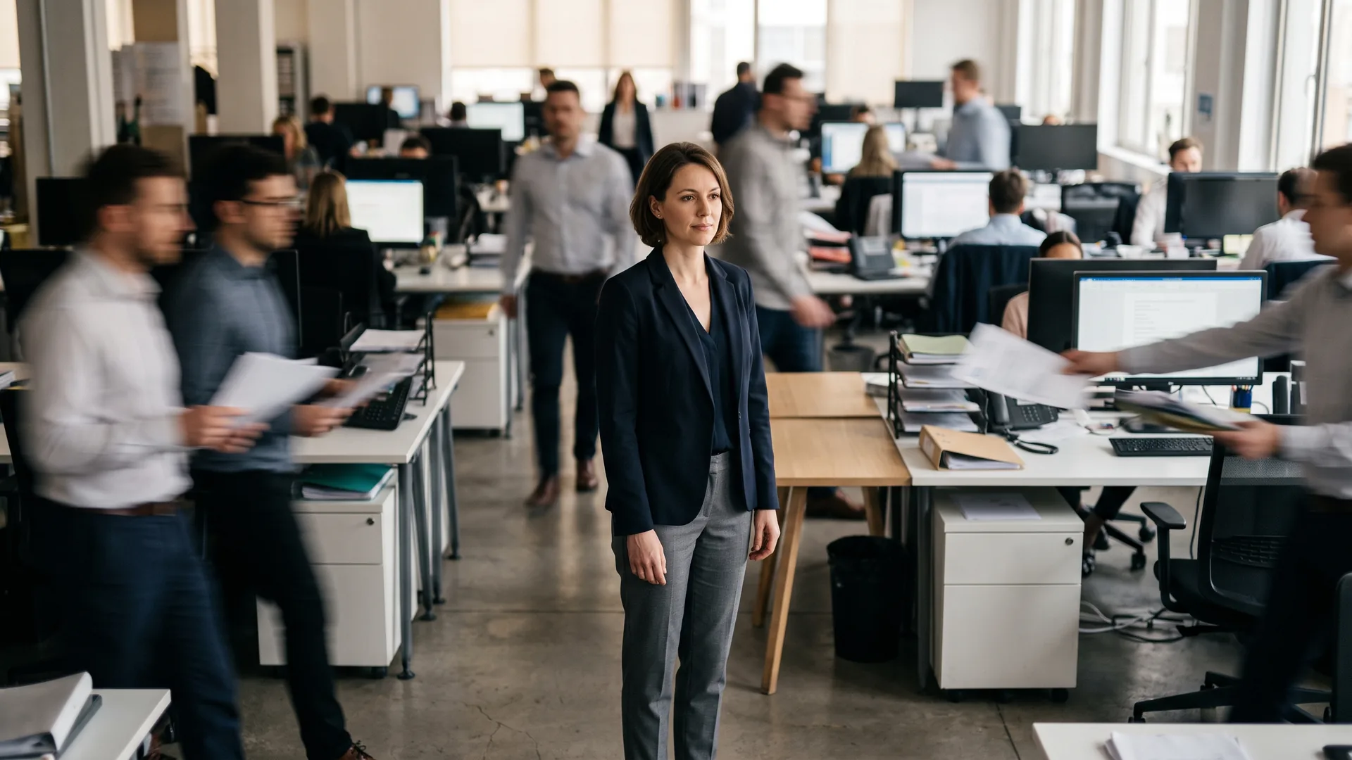 A woman stands calm and still at the centre of a busy open-plan office while colleagues rush past her in a blur, papers in hand.