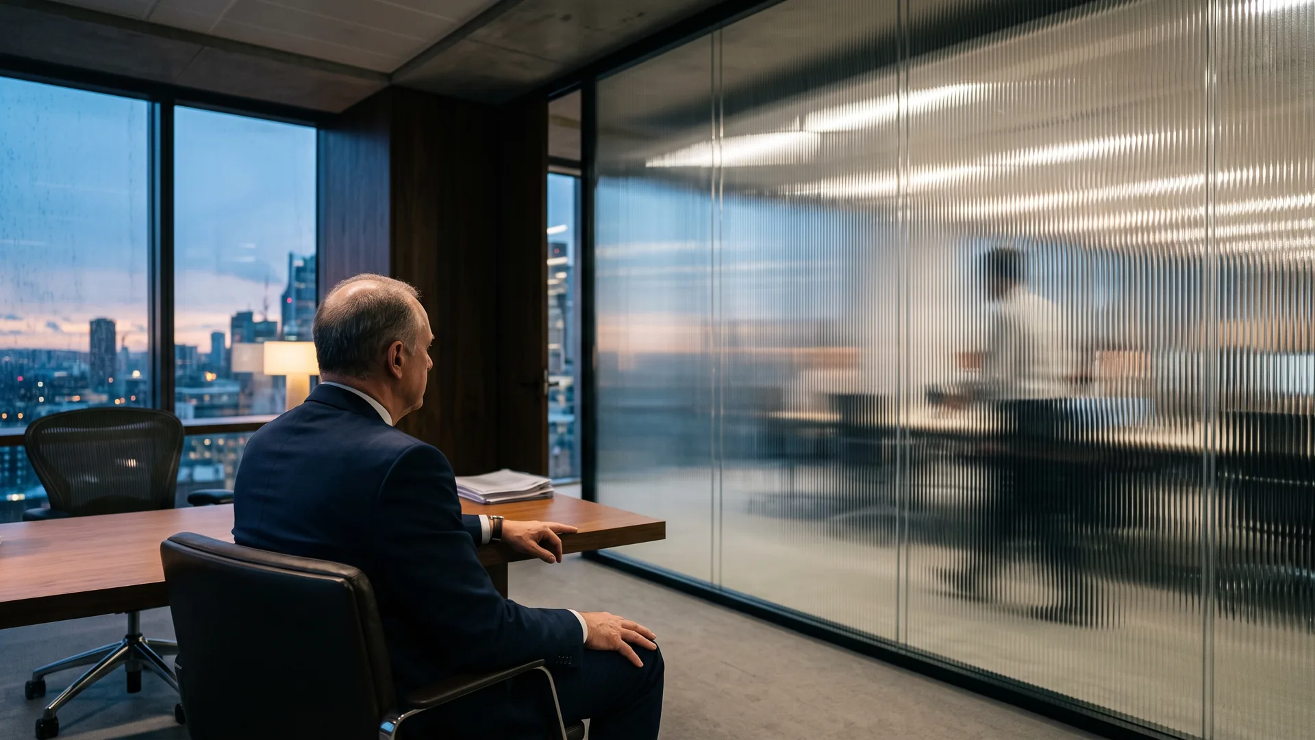 An executive sits alone at dusk facing ribbed glass through which a colleague beyond blurs into an unreadable smear of light.