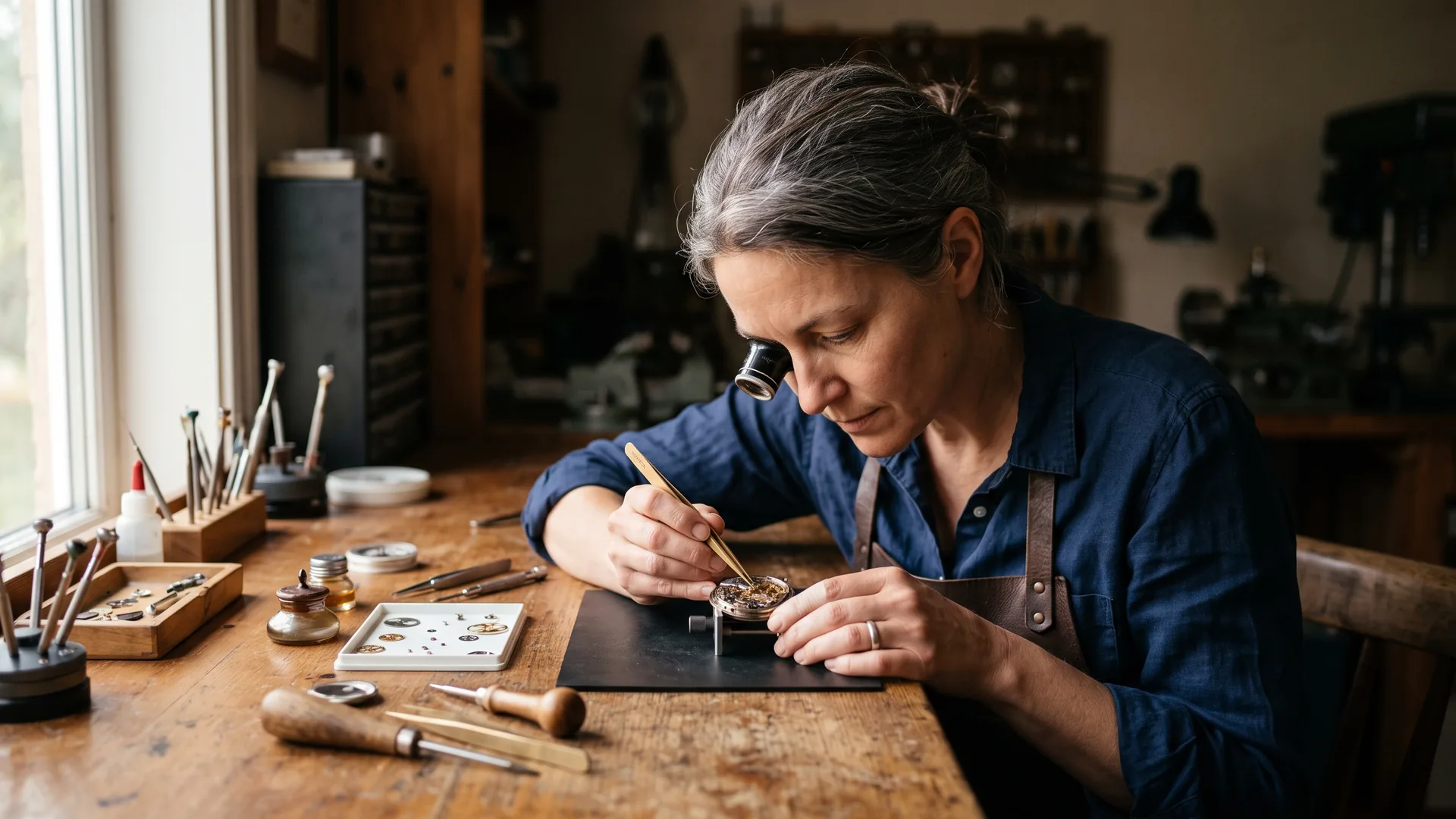 A watchmaker with a loupe bends over a tiny open movement at a sunlit wooden bench, tweezers steady, the workshop soft behind her.