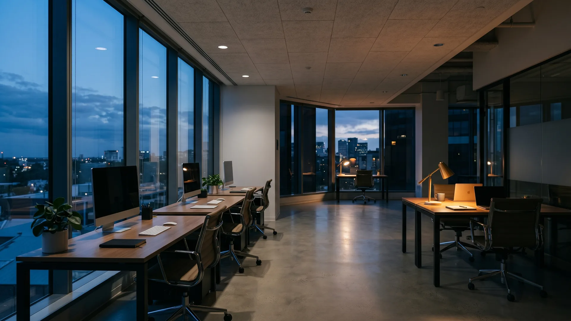 A quiet modern open-plan office at dusk, empty desks in fading daylight with one corner desk lit by a single warm lamp.