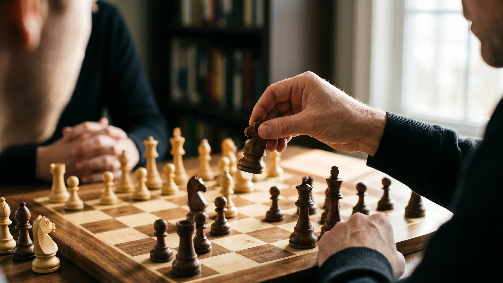 A hand lifting a single chess piece mid-game on a wooden board, an opponent waiting in soft focus beside a sunlit window.