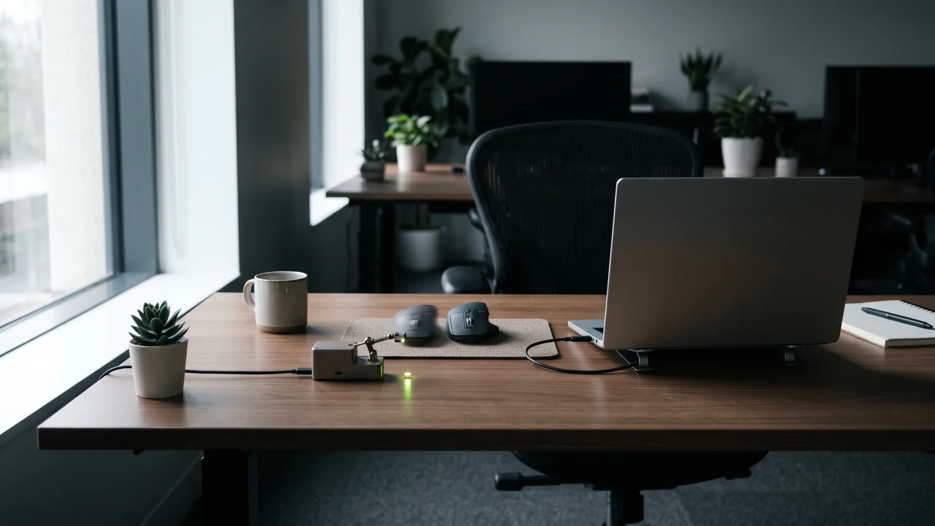 An empty office desk where a small mechanical jiggler rocks a mouse beside a glowing green light, the chair vacant.