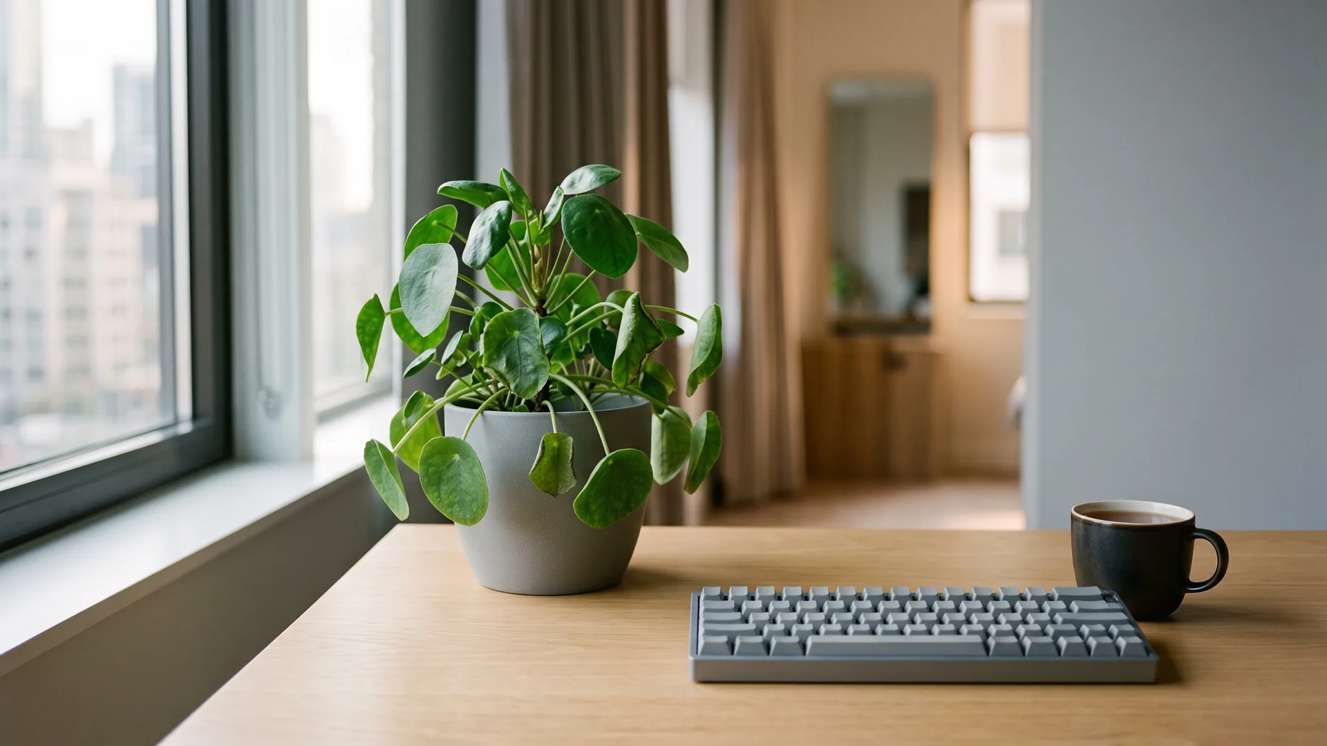 A leafy desk plant in soft window light, green overall but with a few leaves quietly wilting, beside a keyboard and cold tea.