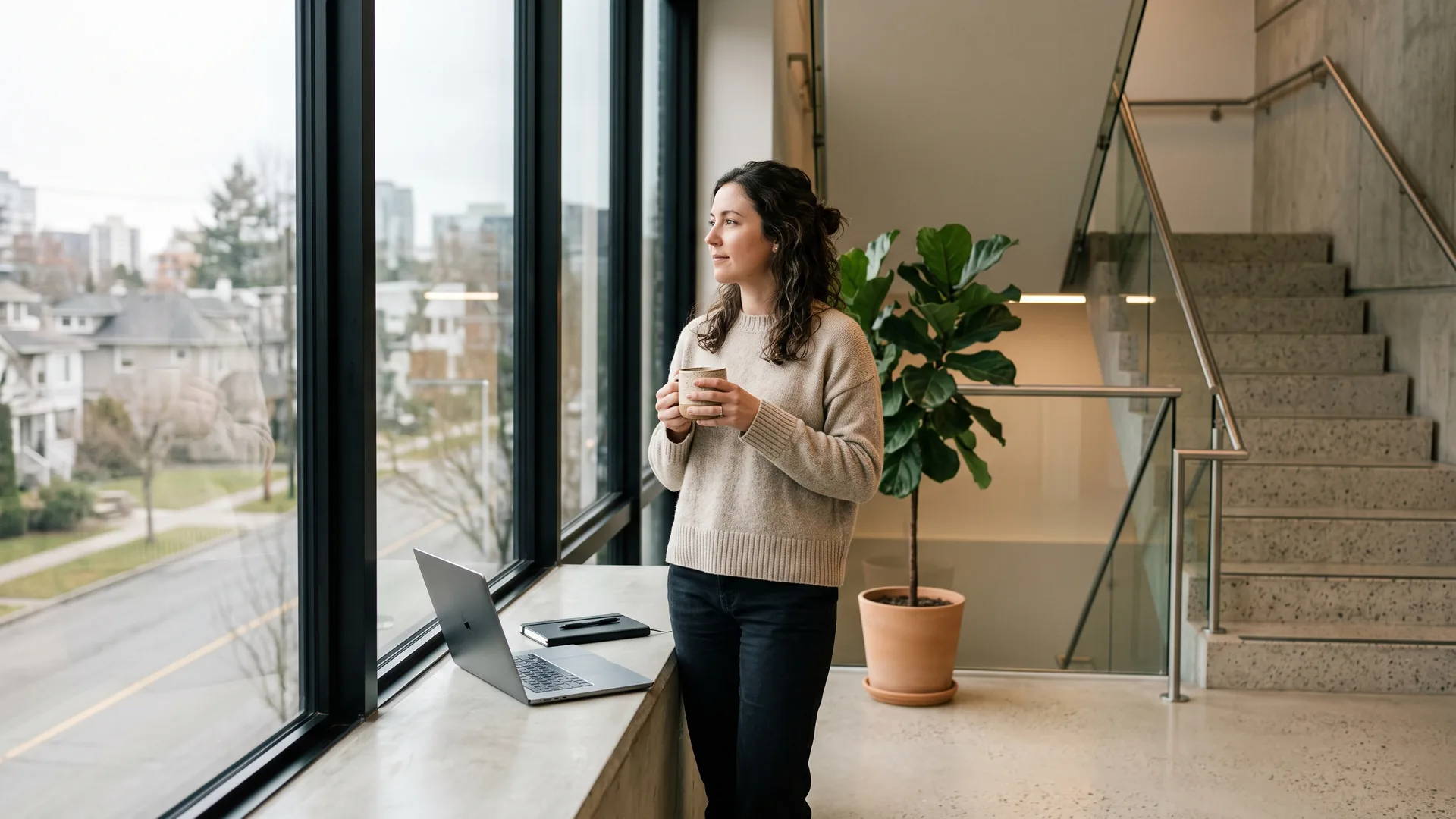 A woman pauses at a tall stairwell window with a mug in both hands, her open laptop resting on the ledge in soft daylight.