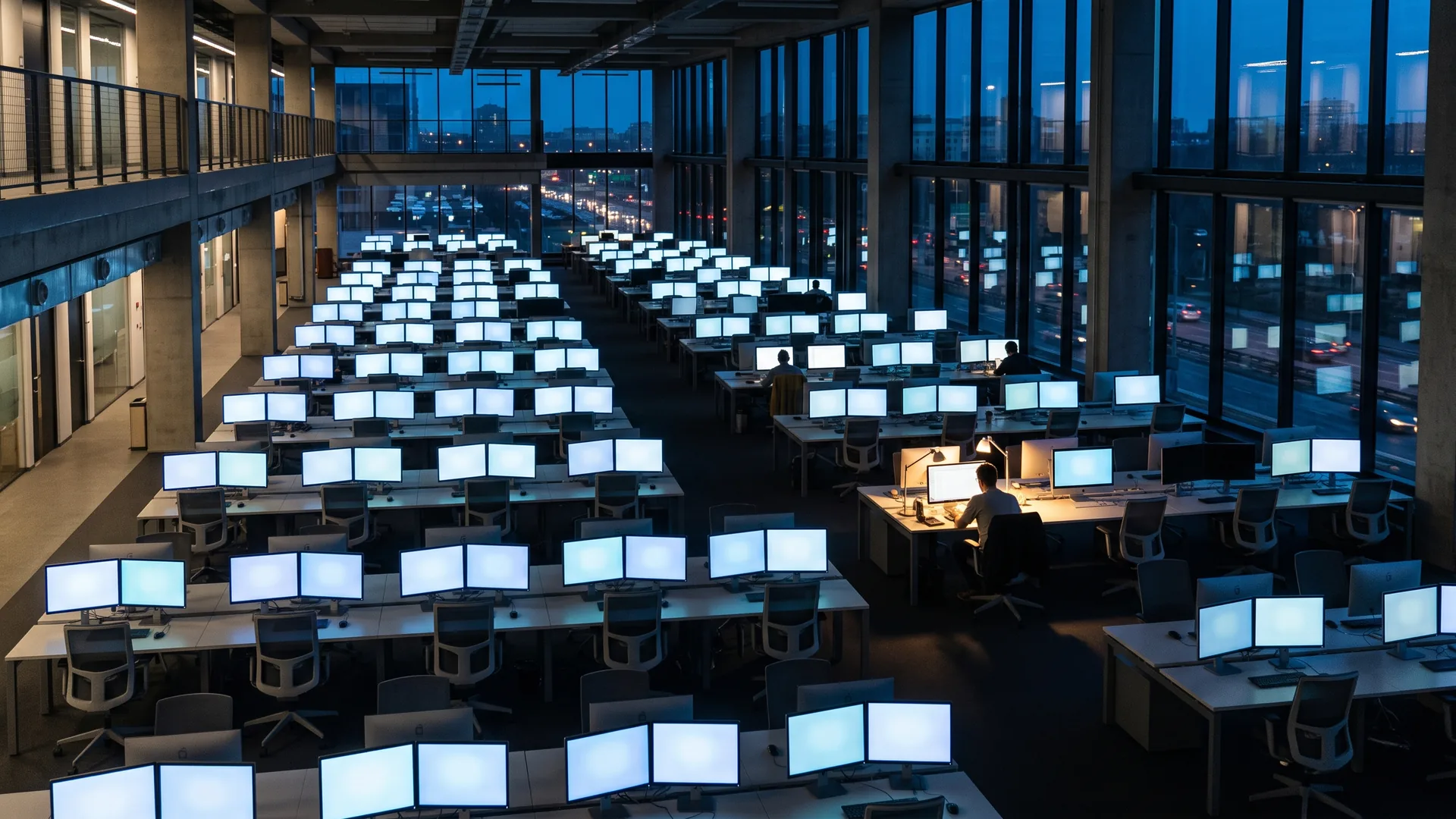 A vast dusk office where rows of desks all glow with switched-on monitors, yet only a few scattered workers actually sit at them.