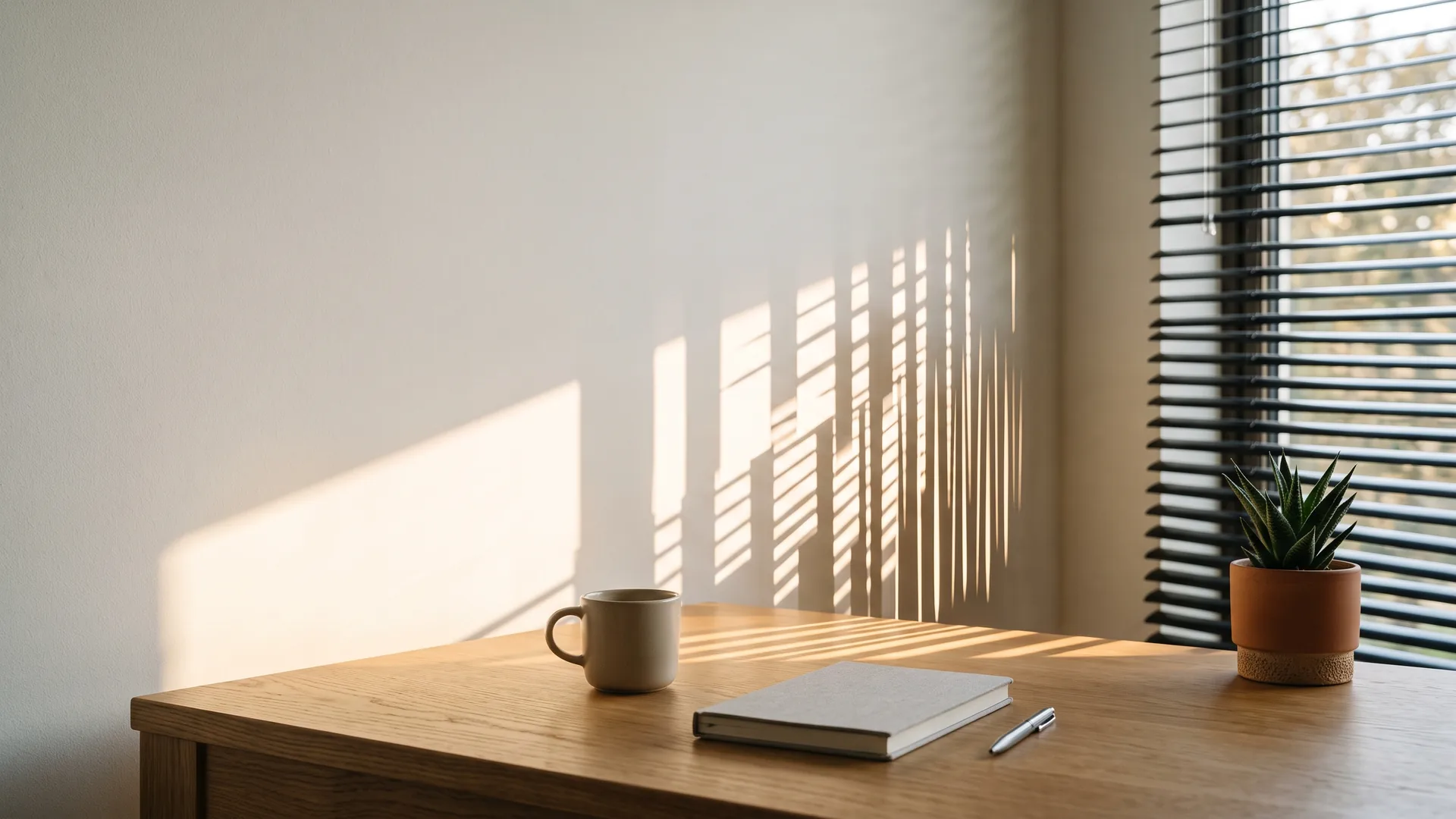 Warm morning light through half-closed venetian blinds falls across a tidy wooden desk, breaking into ever-narrower strips of light and shadow on the wall.