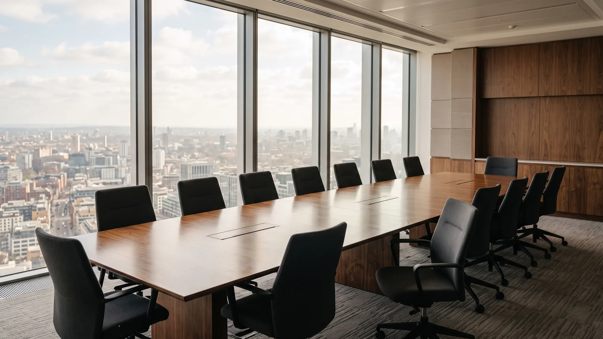 An empty walnut boardroom table ringed by vacant black chairs beside floor-to-ceiling windows overlooking a daylit city skyline.