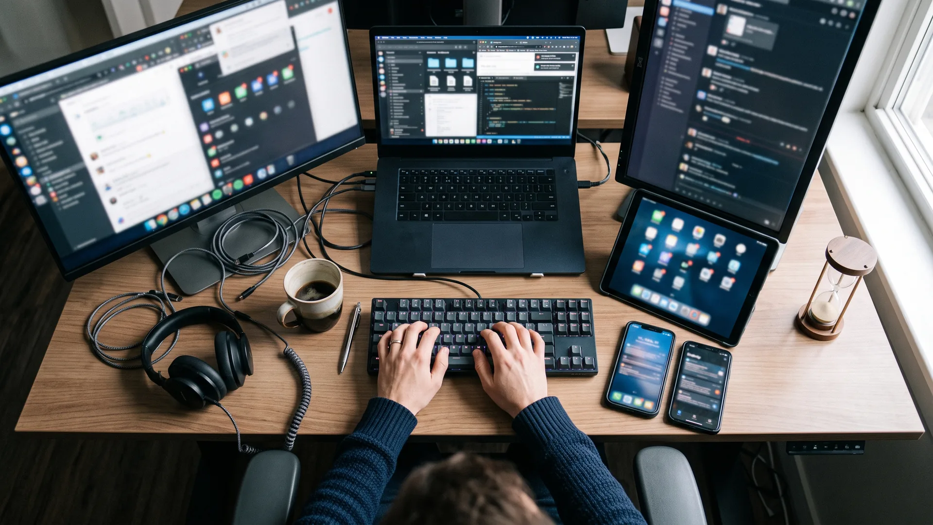 Overhead view of hands on a keyboard at a desk crowded with glowing monitors, a laptop, tablet and two phones, an hourglass at the edge.