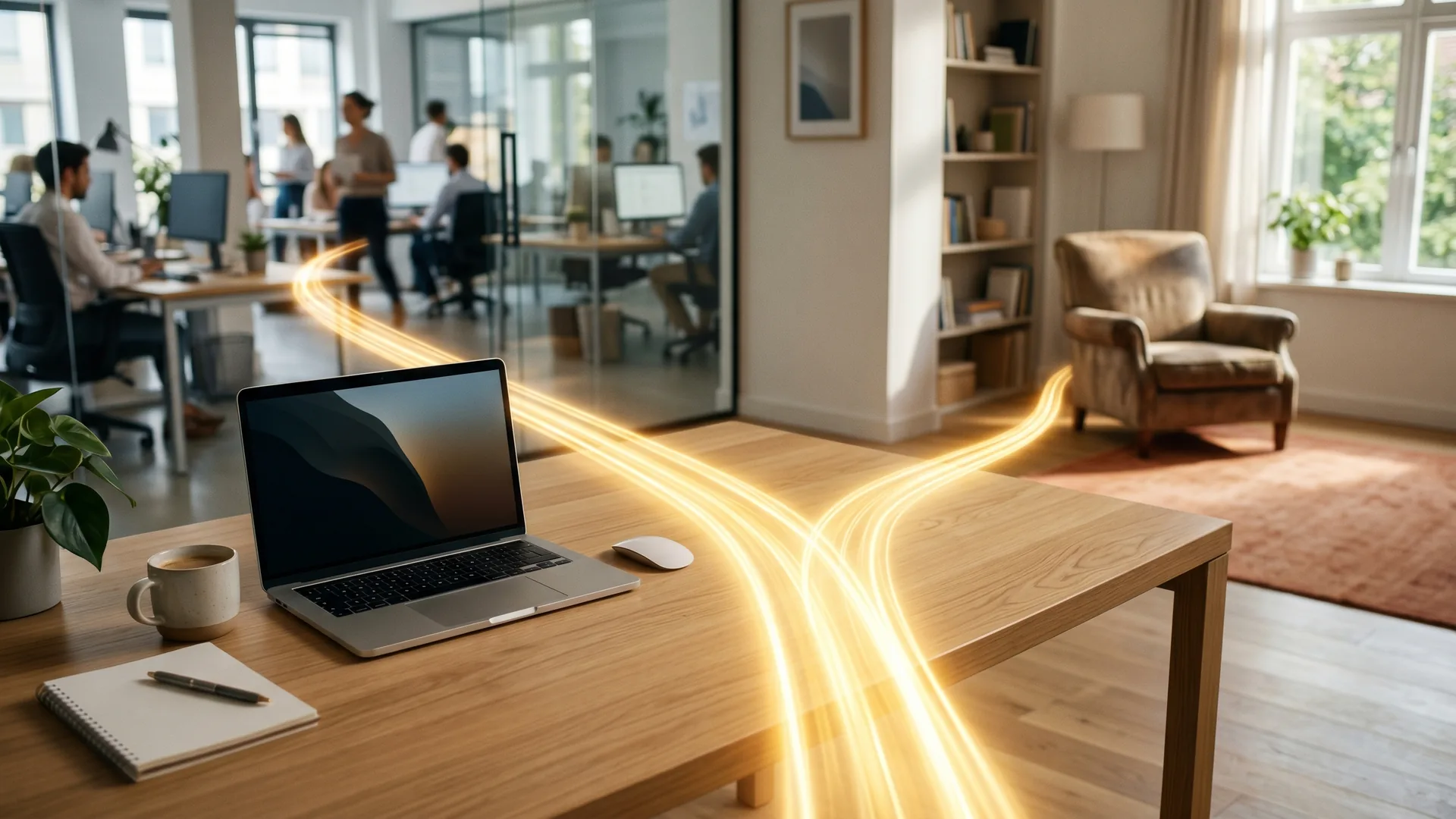 A glowing stream of light on a wooden desk forks into two paths, one curving toward a busy office, the other toward a quiet home armchair.