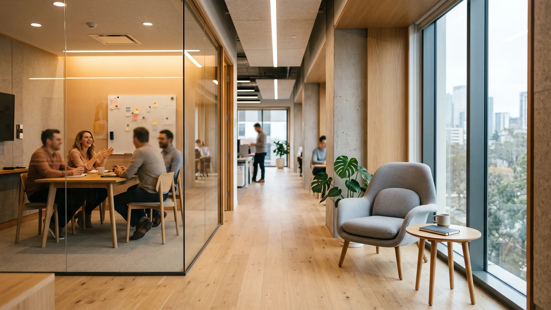 A glass-walled room where colleagues collaborate opens onto a calm, sunlit nook with a single armchair kept for deep focus.